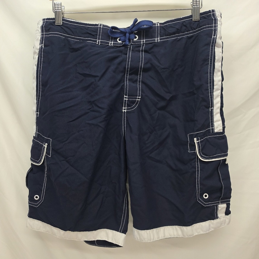 Joe Boxer Swim Trunks Men's Medium Blue White Board Shorts Cargo Pockets Mesh...